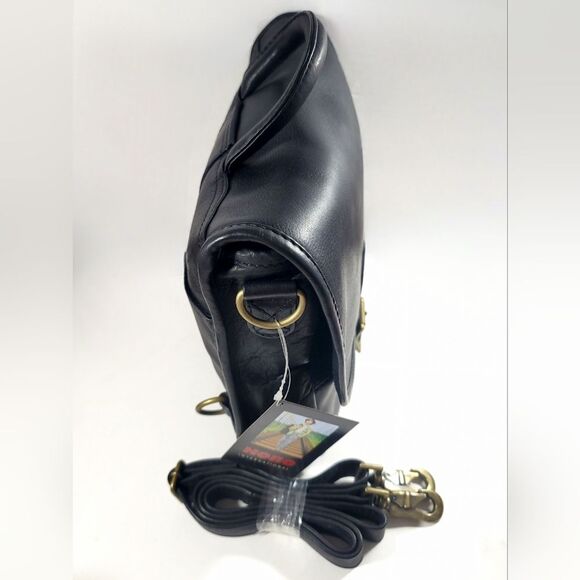 HOBO International Black Leather Saddle Bag Crossbody Backpack Brass Accents NWT - Picture 4 of 16